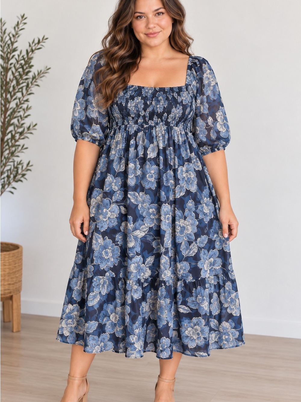 Johnny Was Jade Aquaria Smocked Square-Neck Floral Midi Dress Blue